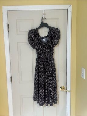 Doen Inspired Time and Tru Black Midi Dress with Cream Dot Print